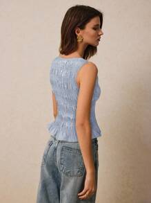 Poéselle 女士纯色荷叶边圆领优雅时尚吊带背心 - 藍色 - 查看 2