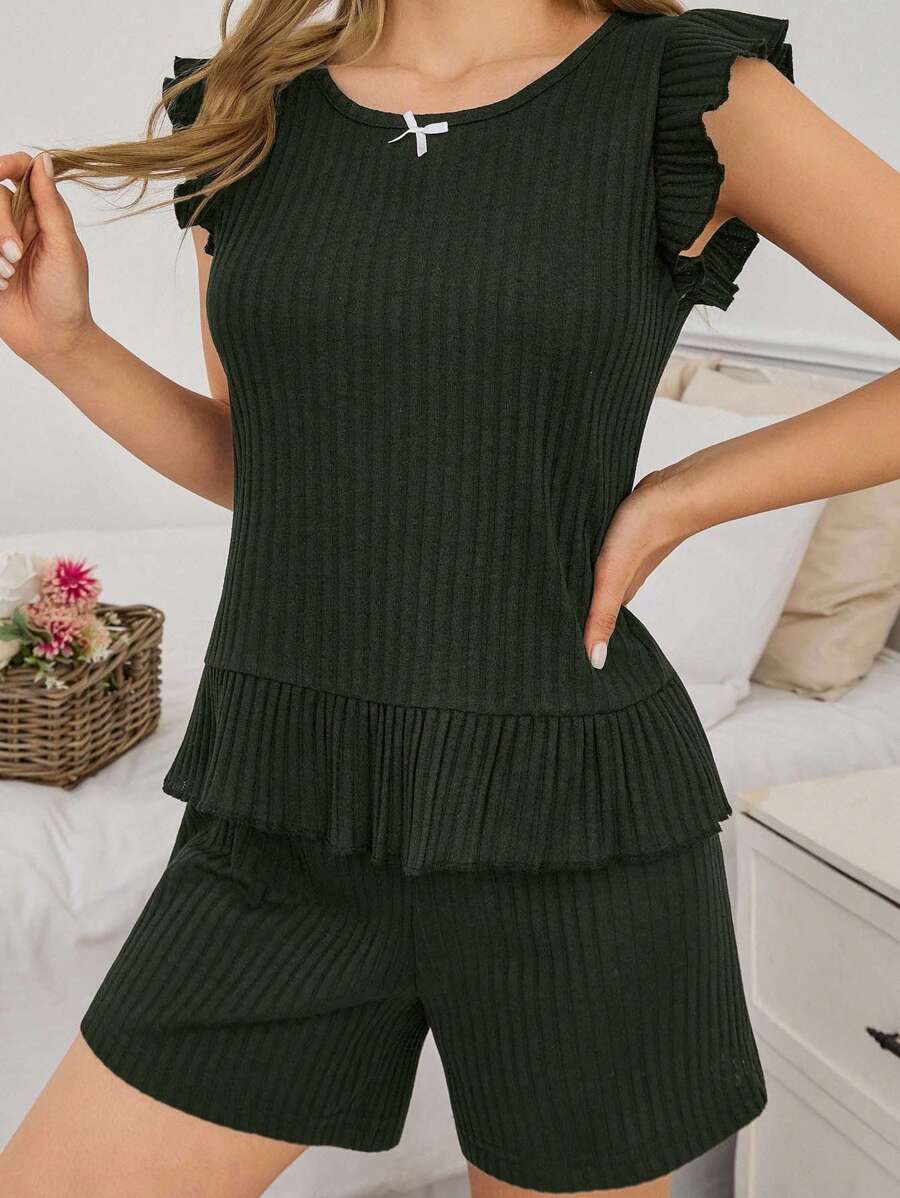 EURMUSE 优雅简约的宽松荷叶边领上衣和短裤女士休闲套装 - 軍綠色 - 查看 1