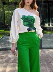 INAWLY 女士玫瑰花卉印花不对称领口灯笼袖上衣和裤子时尚两件套 - 綠色 - 查看 3