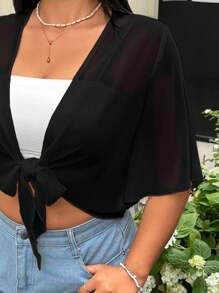 GalTyme Plus Size Black Sheer Lightweight Jacket, Minimalist Style Suitable For Summer - Black - View 7