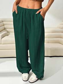 SHEIN EZwear Women Plus Size Loose Fit Woven Olive Green Long Pants