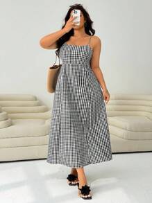 Solflare Váy kẻ caro mùa hè cỡ lớn có dây buộc bướm có thể điều chỉnh ở phía sau - Đen và trắng - Xem 3
