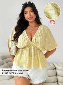 SHEIN EZwear Plus Size Women's Sexy V-Neck Daisy Pattern Batwing Sleeve Shirt - Yellow - View 1