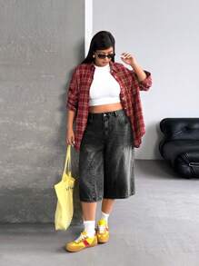 SHEIN ICON 复古水洗宽松七分牛仔裤