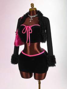 Amplova Solid Fuzzy Trim Open Front Crop Fall Clothes Women Jacket - Black - View 2