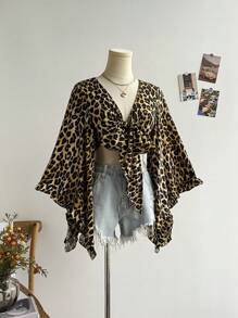 Soleia Áo sơ mi họa tiết da báo tay loe thắt nút hở phía trước cho kỳ nghỉ giản dị - Màu vàng - Xem 6