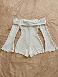 Soleia Women's Holiday Wave Stripe Knit Texture Off Shoulder Hollow Out Long Sleeve Short Jumpsuit, Suitable For Vacation, Date, Afternoon Tea, Seaside Beach, Cruise, Island Resort, Urban Travel, Music Festival, Boho Style Cream Jumpsuit Off The Shoulder Jumpsuit Knitted Jumpsuit Cream Jumpsuit Cream Playsuit Ribbed Playsuit Off The Shoulder Playsuit Cream Romper Knitted Romper Off The Shoulder Romper Ribbed Romper Back To School, Back To School Season, Graduation Season Knitted Jumpsuit - Apricot - View 2