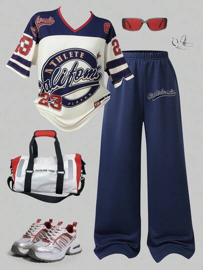 SHEIN ChillGRL 2pcs/Set Teenage Girls Streetwear Casual Sports Loose Numeric & Letter Print Short Sleeve T-Shirt Top And Loose Wide Leg Sweatpants Set