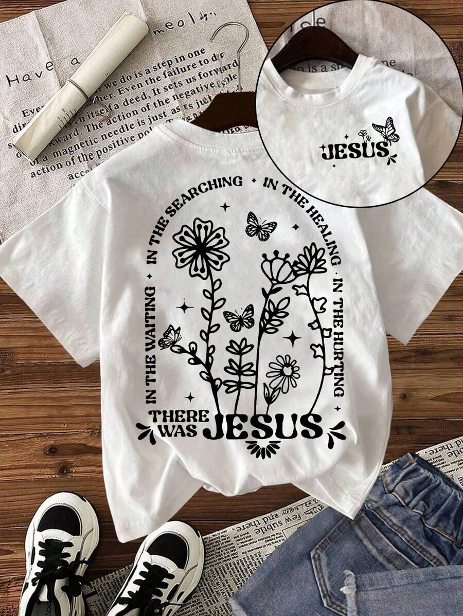 SHEIN LUNE A Plus-Size Lady Jesus Floral Butterfly Print T-Shirt, Suitable For Daily Wear - White - View 1
