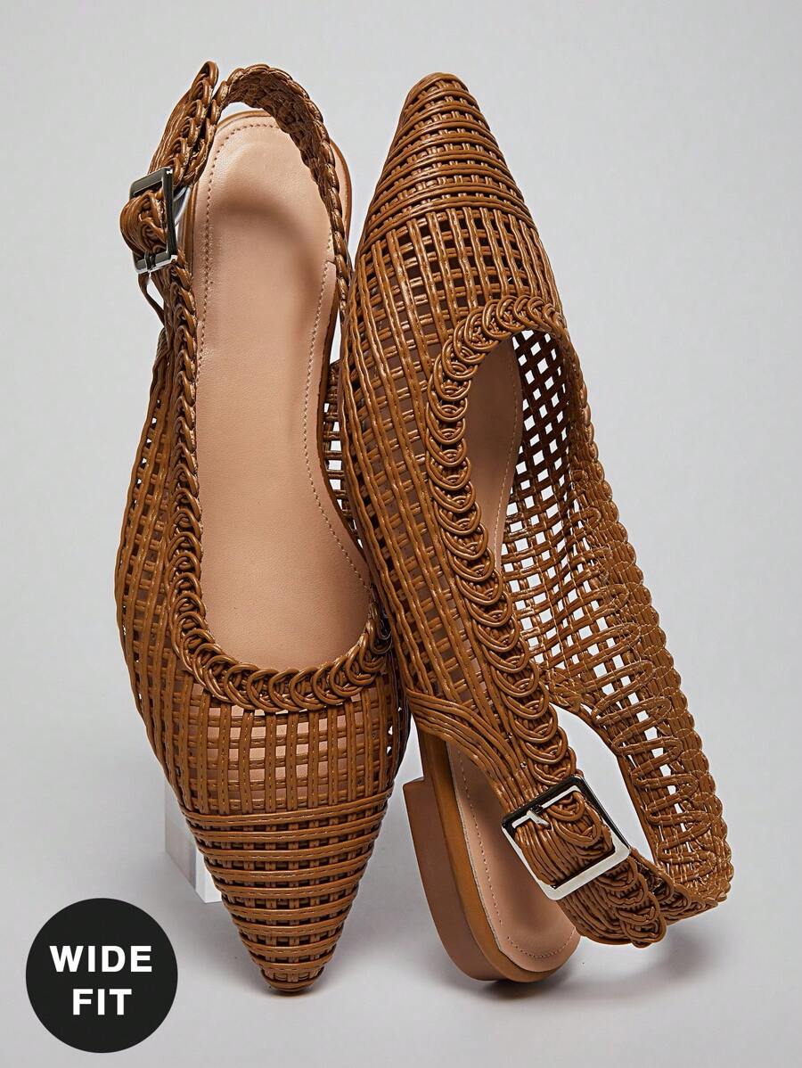 SHUZIA Wide-Fit Women's Stylish Woven Pointed Toe Sling Back Slip On Flats