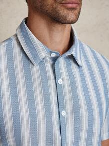 Manfinity Homme 条纹印花前开襟纽扣休闲短袖衬衫，男士夏季条纹短袖单排扣休闲衬衫 - 彩色 - 查看 4