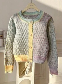 Franclia Women's Casual Button-Up Round Neck Mixed Fabric Cardigan Knitted Sweater Roupa Para A Universidade Fall Winter Cloth For Women