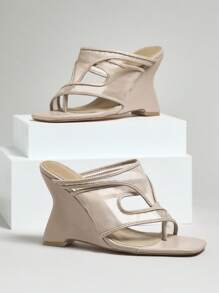 SHUZIA 女士不对称绑带装饰坡跟可爱性感女性派对基本款网眼灰褐色高跟凉鞋 - 淺灰色 - 查看 2