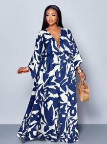 SOLERSUN 女士节日花卉印花 V 领长款优雅荷叶边袖荷叶边开叉大腿长裙，适合度假、约会和日常装扮 - 藏蓝色 - 查看 7