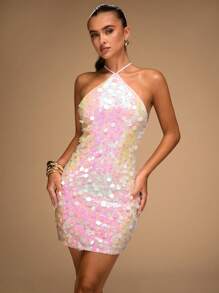 SHEIN BAE Women's Sexy Backless Resort Sequined Mini Dress Summer