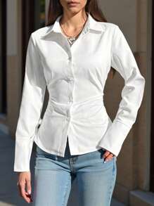 Teen Girls' Solid Color Long Sleeve Single-Breasted Pleated Casual Shirt Fall Winter
