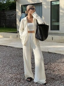 Livesso 2 pièces Ensemble de blouse décontractée et pantalon unicolore pour femmes, tissu texturé