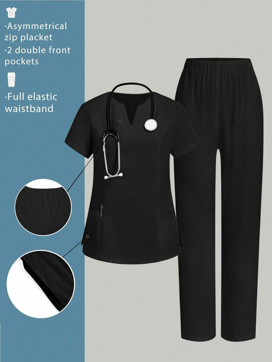 TaskEZ 女式缺口领短袖上衣和松紧腰裤护理手术服套装 - 黑色 - 查看 1