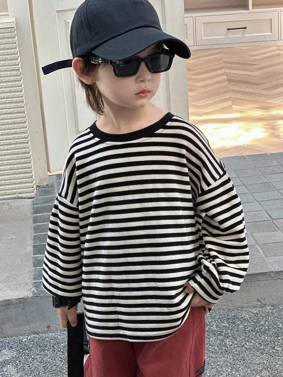 DAZY Toddler Boys' Casual Loose Fit Striped Round Neck Long Sleeve T-Shirt, Cool For Autumn