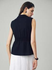 Uhlyne 优雅时尚基础款轻盈舒适新款短款纯色简约通勤纽扣褶皱亚麻复古收腰修身马甲，适合秋季、极简主义、商务休闲、度假、工作、教师、返校、秋季穿着，尽显老钱风范。 - 黑色 - 查看 4