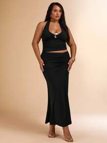 SHEIN BAE Conjunto de 2 piezas de talla grande para mujer, compuesto por top corto de malla tejida con textura 3D con flores y falda lápiz transparente con cintura anudada, ideal para vacaciones, Día de San Valentín, dama de honor, vestido mini blanco, graduación y regreso a la escuela