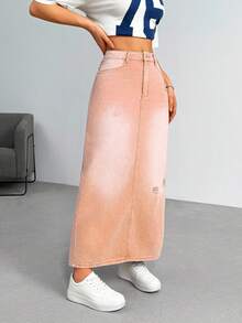 Rivivi Casual Washed Distressed Long Denim Skirt - Orange - View 5