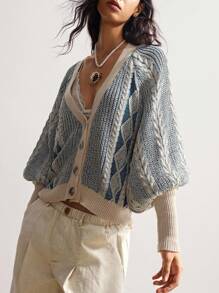 Bohemela 女士几何图案灯笼袖单排扣休闲针织开衫，秋冬季上学上衣 - 藍色 - 查看 5