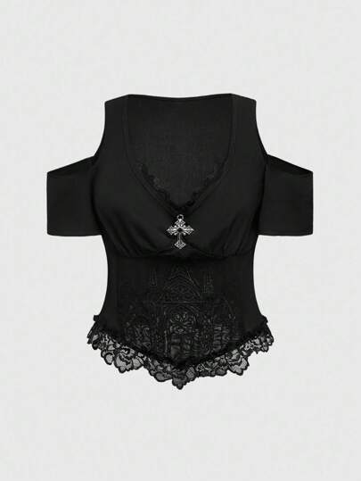 Blouse gothique grande taille pour femmes avec motif brodé creux et col en V, pour Halloween