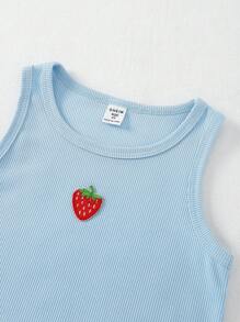 2pcs Girls Blue Textured Camisole & White/Red Cherry Special Craft Camisole Set, Undershirt Kids Summer Tank Tops Girls Tops Summer Kids Sleeveless Cute Tops