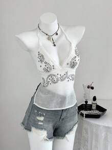 SHEIN Unity 女式夏季性感度假风格花卉印花露背系带露背透视吊带背心上衣