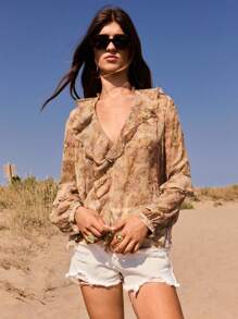 Maija 女士秋季复古花卉金线装饰宽松舒适夏季衬衫，V领，灯笼袖，荷叶边下摆，优雅精致，浪漫法式奢华邮轮/西式衬衫 - 彩色 - 查看 4