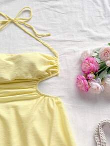 Soleia 度假吊带领镂空腰部高开叉露背系带中长连衣裙，蓝色，适合度假、音乐节、波西米亚风、节日约会、下午茶