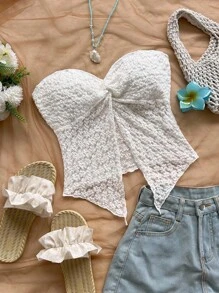 Soleia Áo crop top họa tiết hoa mơ dệt kim viền xoắn cho nữ, thích hợp cho kỳ nghỉ, trở lại trường, hẹn hò thường ngày, tiệc tùng, đám cưới, bãi biển mùa xuân/hè, lễ hội âm nhạc, phong cách boho - Màu be - Xem 5