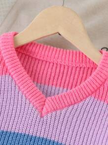 SHEIN 女童条纹长袖针织毛衣，现代简约设计 - 黃色 - 查看 3