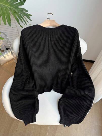 SHEIN EZwear Plus Size Women's Lantern Sleeve Button Front Rib Knit Black Cardigan,Long Sleeve Tops,Fall,Winter,Back To School,Warm Autumn