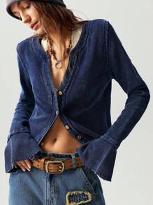 Bohemela 大码休闲复古纽扣前喇叭袖T恤 - 藏蓝色 - 查看 4