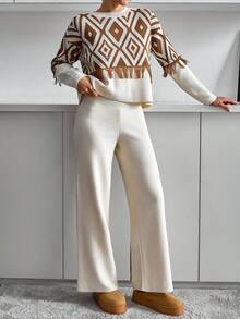 EURMUSE Plus Size Casual Crew Round Neck Ikatt Jacquard Pattern Color Block Fringe Detailed Sweater & Wide Leg Solid Color High Waist Welt Pocket On The Back 2 Piece Knit Set For Fall Wİnter Women - Multicolor - View 7