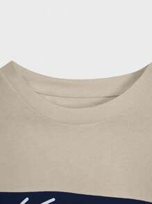 EURMUSE Men's Contrast Color Round Neck Short Sleeve Top And Solid Color Shorts 2 Piece Set - Beige - View 6