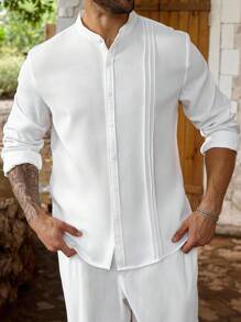 ResortEase 男士加大码休闲宽松纯色长袖衬衫，轻松风格男士长袖白立领衬衫，百搭，秋季 - 白色 - 查看 6