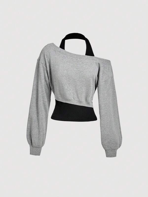 SHEIN MOD Women Asymmetrical Neck Grey 2 In 1 Sweatshirt In Fall/Winter