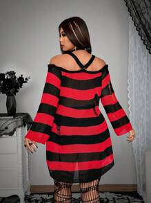 Whyspr 宽松舒适的万圣节镂空环扣毛衣，条纹透视超大露肩中长针织套头衫，适合秋冬季节穿着。