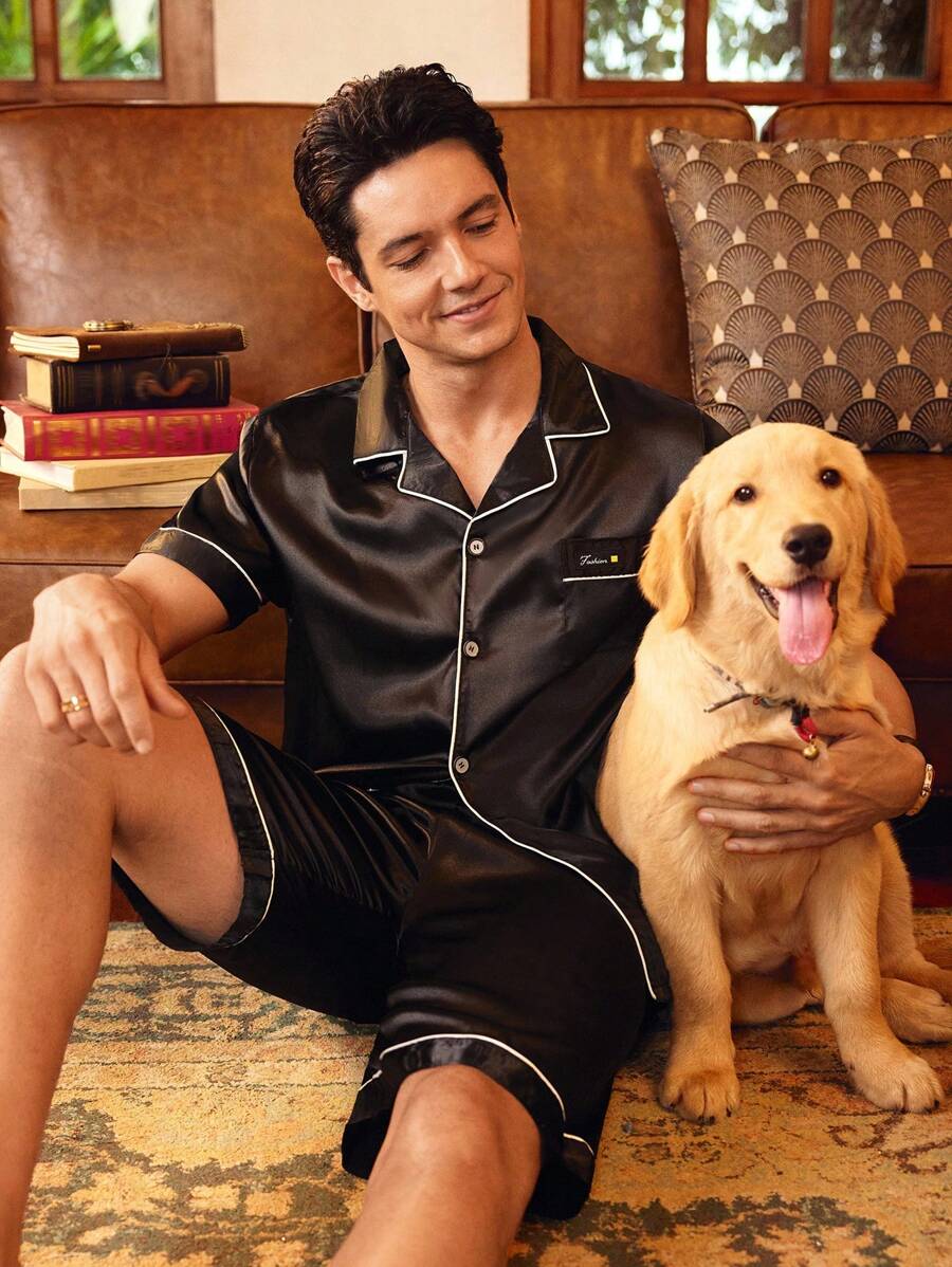 SHEIN Men Satin Letter Patched Binding PJ Set / Pajama Set - Black - View 1