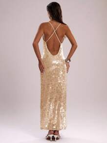 SHEIN BAE Mùa hè gợi cảm tuyệt đẹp màu xanh bạc hà sequins Boho bãi biển trang phục đi nghỉ hòa nhạc cho phụ nữ váy cổ yếm mùa hè, trang phục mùa hè cho phụ nữ, trang phục câu lạc bộ phụ nữ gợi cảm, váy đi nghỉ lấp lánh, váy dự tiệc - Màu be - Xem 2