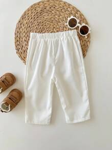 SHEIN 男婴休闲弹力腰白色正装裤，适合生日派对、晚宴、演出、婚礼、迎婴派对和一周岁生日庆祝活动。