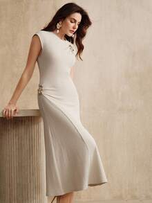 Anewsta Vestido slim de punto de diseño francés chic - Albaricoque - Ver 5