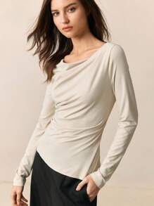 BizChic 2025 年夏季新款杏色宽松领口褶饰设计长袖女式上衣 T 恤，商务休闲日常通勤优雅海滩度假装，适合婚礼宾客、乡村音乐节、早午餐、机场、90 年代复古、斯堪的纳维亚、7 月 4 日 - 杏色 - 查看 5