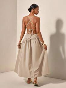Zivah 新品春夏休闲度假不对称镂空露背交叉系带长裙 - 杏色 - 查看 9