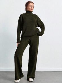 SHEIN Tall 高領落肩袖毛衣與長褲套裝，女款套裝，小個子套裝，套裝，小個子，冬季衣物，高個子女性 - 軍綠色 - 查看 5
