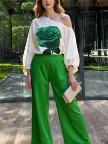 INAWLY 女士玫瑰花卉印花不对称领口灯笼袖上衣和裤子时尚两件套 - 綠色 - 查看 4