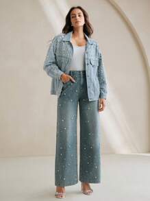 Anewsta Elaire 时尚休闲水洗做旧牛仔夹克，带铆钉和串珠装饰 - 淺色水洗藍 - 查看 5